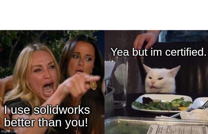 Women think she better at solidworks than a cat | Yea but im certified. I use solidworks better than you! | image tagged in memes,woman yelling at cat | made w/ Imgflip meme maker