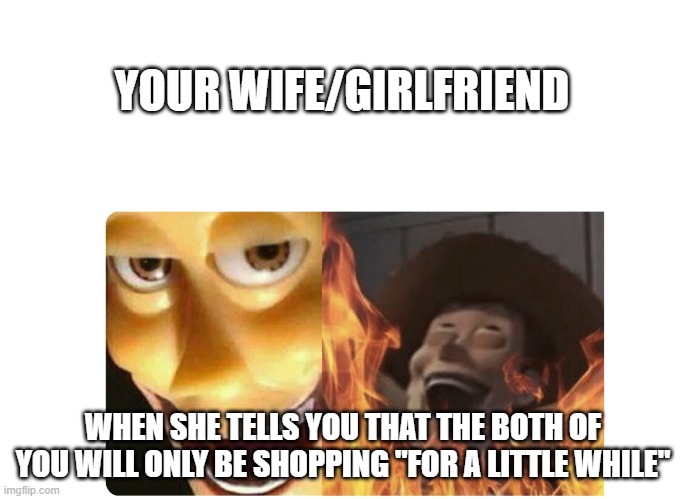 Satanic Woody | YOUR WIFE/GIRLFRIEND; WHEN SHE TELLS YOU THAT THE BOTH OF YOU WILL ONLY BE SHOPPING "FOR A LITTLE WHILE" | image tagged in satanic woody | made w/ Imgflip meme maker