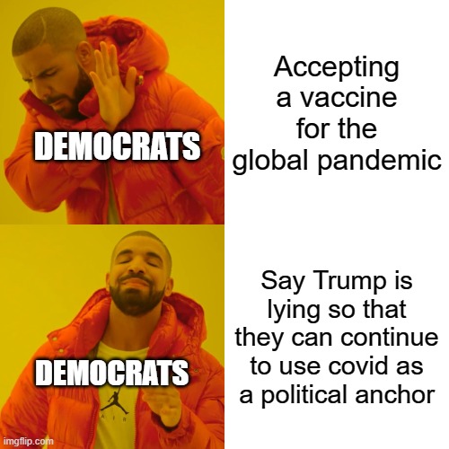 Drake Hotline Bling | Accepting a vaccine for the global pandemic; DEMOCRATS; Say Trump is lying so that they can continue to use covid as a political anchor; DEMOCRATS | image tagged in memes,drake hotline bling | made w/ Imgflip meme maker