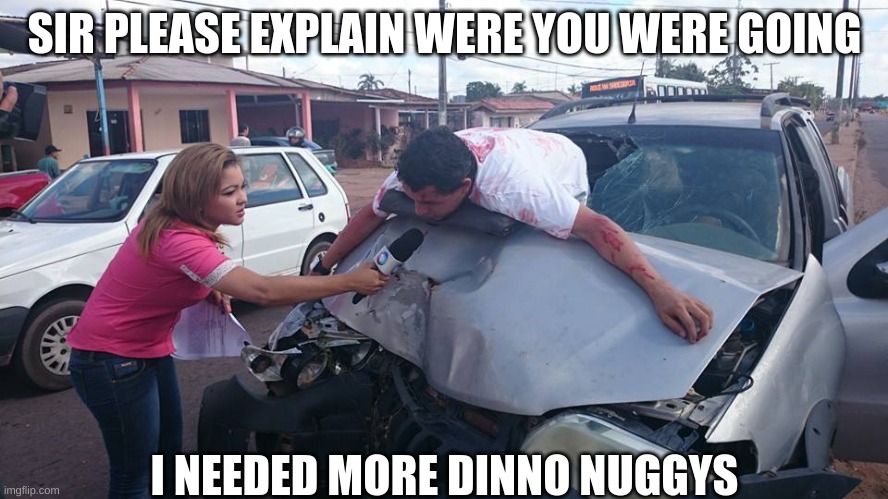 Neened more dinno nuggys | SIR PLEASE EXPLAIN WERE YOU WERE GOING; I NEEDED MORE DINNO NUGGYS | image tagged in car crash interview | made w/ Imgflip meme maker