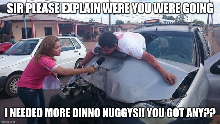 GOT ANY DINNO NUGGYS | SIR PLEASE EXPLAIN WERE YOU WERE GOING; I NEEDED MORE DINNO NUGGYS!! YOU GOT ANY?? | image tagged in car crash interview | made w/ Imgflip meme maker