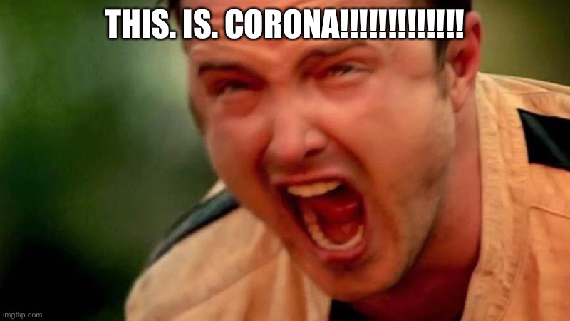 Aaron Paul Screaming | THIS. IS. CORONA!!!!!!!!!!!!! | image tagged in aaron paul screaming | made w/ Imgflip meme maker