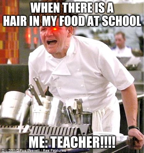 Chef Gordon Ramsay | WHEN THERE IS A HAIR IN MY FOOD AT SCHOOL; ME: TEACHER!!!! | image tagged in memes,chef gordon ramsay | made w/ Imgflip meme maker
