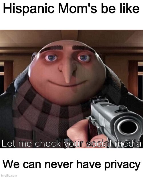 Gru Gun | Hispanic Mom's be like; Let me check your social media; We can never have privacy | image tagged in gru gun | made w/ Imgflip meme maker