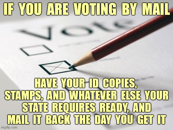 Don't eff this up! | IF  YOU  ARE  VOTING  BY  MAIL; HAVE  YOUR  ID  COPIES,  STAMPS,  AND  WHATEVER  ELSE  YOUR  STATE  REQUIRES  READY,  AND  MAIL  IT  BACK  THE  DAY  YOU  GET  IT | image tagged in vote by mail,postal service,2020 election,memes | made w/ Imgflip meme maker