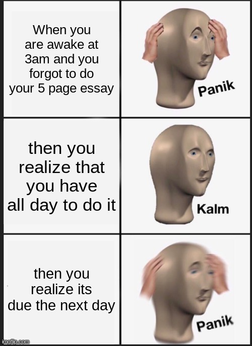 its the homework monster | When you are awake at 3am and you forgot to do your 5 page essay; then you realize that you have all day to do it; then you realize its due the next day | image tagged in memes,panik kalm panik | made w/ Imgflip meme maker