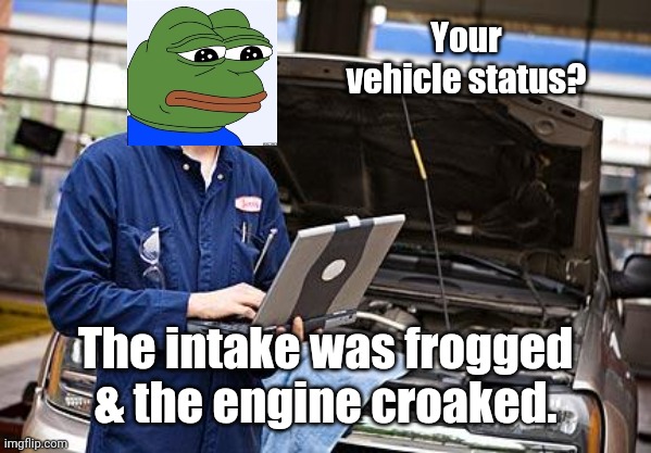 Internet Mechanic | Your vehicle status? The intake was frogged & the engine croaked. | image tagged in internet mechanic | made w/ Imgflip meme maker