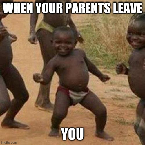 Third World Success Kid | WHEN YOUR PARENTS LEAVE; YOU | image tagged in memes,third world success kid | made w/ Imgflip meme maker