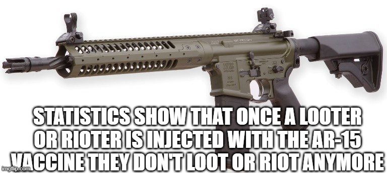 vaccine | STATISTICS SHOW THAT ONCE A LOOTER OR RIOTER IS INJECTED WITH THE AR-15 VACCINE THEY DON'T LOOT OR RIOT ANYMORE | image tagged in ar-15 | made w/ Imgflip meme maker