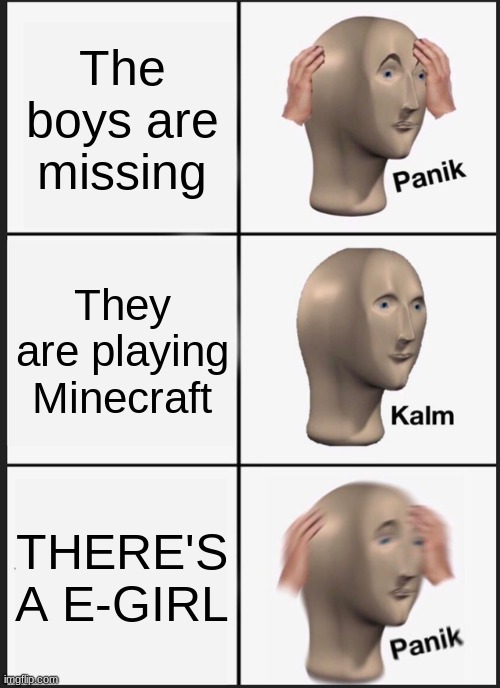 Minecraft Gamers time am i right BOIS | The boys are missing; They are playing Minecraft; THERE'S A E-GIRL | image tagged in memes,panik kalm panik | made w/ Imgflip meme maker