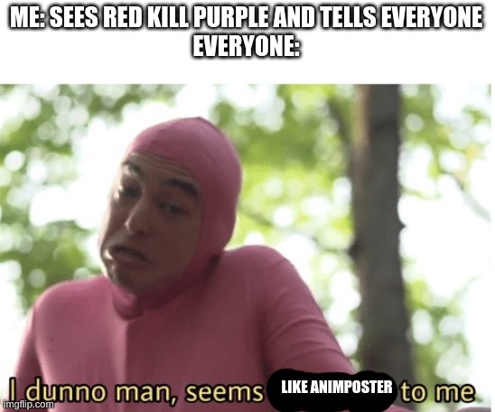 Among us | ME: SEES RED KILL PURPLE AND TELLS EVERYONE
EVERYONE:; LIKE ANIMPOSTER | image tagged in i dunno man seems kinda gay to me | made w/ Imgflip meme maker