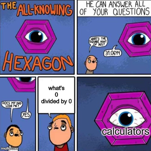 btw its infinity | what's 0 divided by 0; calculators | image tagged in all knowing hexagon original | made w/ Imgflip meme maker