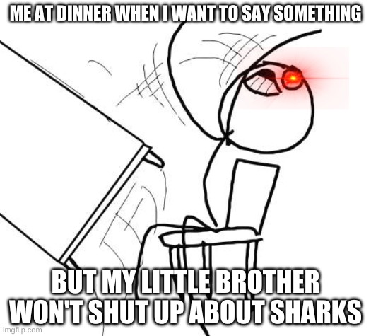 Table Flip Guy Meme | ME AT DINNER WHEN I WANT TO SAY SOMETHING; BUT MY LITTLE BROTHER WON'T SHUT UP ABOUT SHARKS | image tagged in memes,table flip guy | made w/ Imgflip meme maker