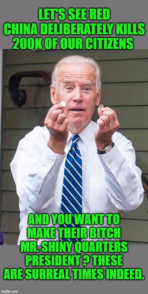 god help us | LET'S SEE RED CHINA DELIBERATELY KILLS 200K OF OUR CITIZENS; AND YOU WANT TO MAKE THEIR BITCH MR. SHINY QUARTERS PRESIDENT ? THESE ARE SURREAL TIMES INDEED. | image tagged in 2020 elections,joe biden,democrats,communism,red china | made w/ Imgflip meme maker