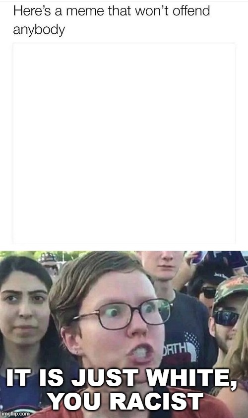 Society today | IT IS JUST WHITE, 
YOU RACIST | image tagged in triggered liberal,political meme | made w/ Imgflip meme maker