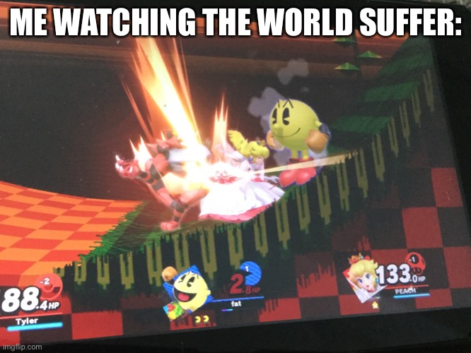 the world suffers... | ME WATCHING THE WORLD SUFFER: | image tagged in super smash bros | made w/ Imgflip meme maker