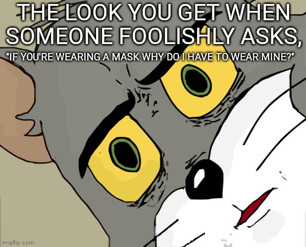 Anti-maskers Aren't Very Bright, Are They | THE LOOK YOU GET WHEN SOMEONE FOOLISHLY ASKS, "IF YOU'RE WEARING A MASK WHY DO I HAVE TO WEAR MINE?" | image tagged in unsettled tom,dumb people,my face when someone asks a stupid question,stupid questions,dumb questions,anti mask wearers | made w/ Imgflip meme maker
