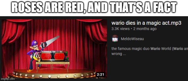 Wario magic time | ROSES ARE RED, AND THAT'S A FACT | image tagged in wario,nintendo,roses are red | made w/ Imgflip meme maker