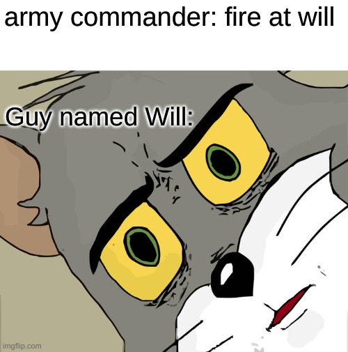 :( | army commander: fire at will; Guy named Will: | image tagged in memes,unsettled tom | made w/ Imgflip meme maker
