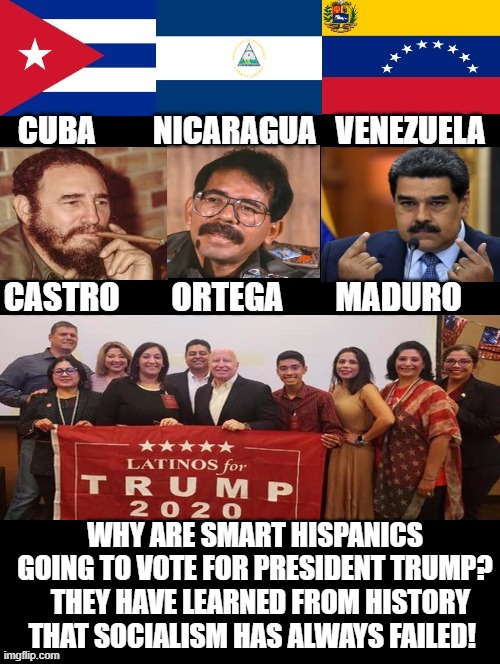 Why Smart Hispanics Are Going To Vote For President Trump?  History! | CASTRO        ORTEGA        MADURO; WHY ARE SMART HISPANICS GOING TO VOTE FOR PRESIDENT TRUMP?   THEY HAVE LEARNED FROM HISTORY THAT SOCIALISM HAS ALWAYS FAILED! | image tagged in stupid liberals,democrats | made w/ Imgflip meme maker