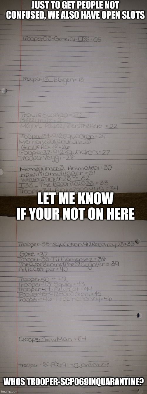 JUST TO GET PEOPLE NOT CONFUSED, WE ALSO HAVE OPEN SLOTS; LET ME KNOW IF YOUR NOT ON HERE; WHOS TROOPER-SCP069INQUARANTINE? | image tagged in ill make another copy of this,thanks to the mods here | made w/ Imgflip meme maker