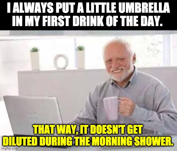 Harold | I ALWAYS PUT A LITTLE UMBRELLA IN MY FIRST DRINK OF THE DAY. THAT WAY, IT DOESN'T GET DILUTED DURING THE MORNING SHOWER. | image tagged in harold | made w/ Imgflip meme maker