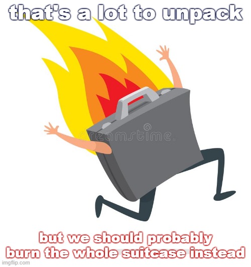 That's a lot to unpack | that's a lot to unpack; but we should probably burn the whole suitcase instead | image tagged in burning suitcase,new template,suitcase,burning,custom template,luggage | made w/ Imgflip meme maker