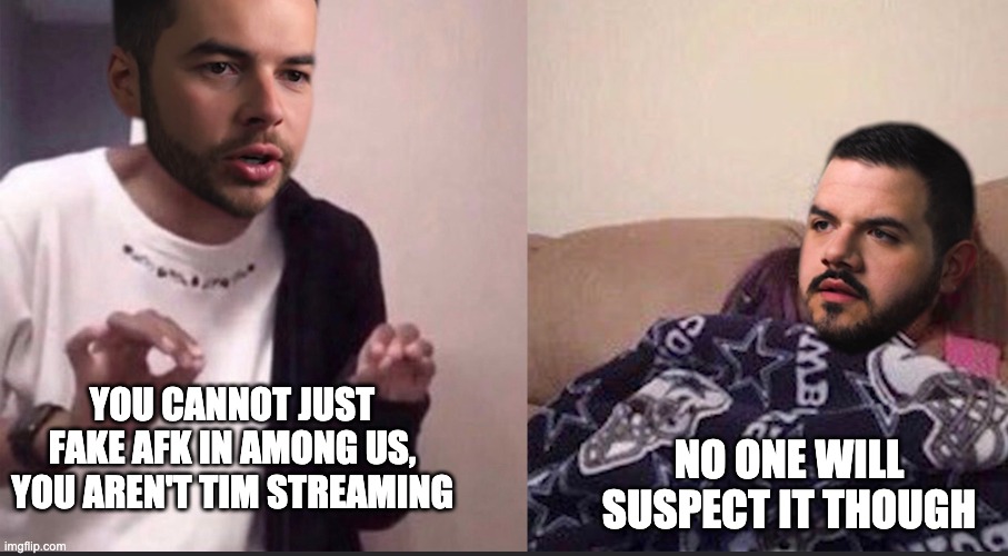NO ONE WILL SUSPECT IT THOUGH; YOU CANNOT JUST FAKE AFK IN AMONG US, YOU AREN'T TIM STREAMING | image tagged in CourageJD | made w/ Imgflip meme maker