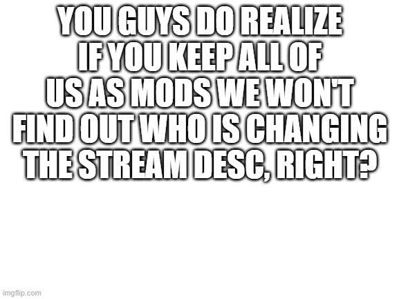 Blank White Template | YOU GUYS DO REALIZE IF YOU KEEP ALL OF US AS MODS WE WON'T FIND OUT WHO IS CHANGING THE STREAM DESC, RIGHT? | image tagged in blank white template | made w/ Imgflip meme maker