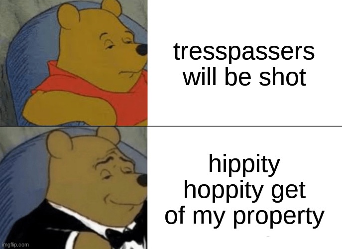 Tuxedo Winnie The Pooh Meme | tresspassers will be shot; hippity hoppity get of my property | image tagged in memes,tuxedo winnie the pooh | made w/ Imgflip meme maker