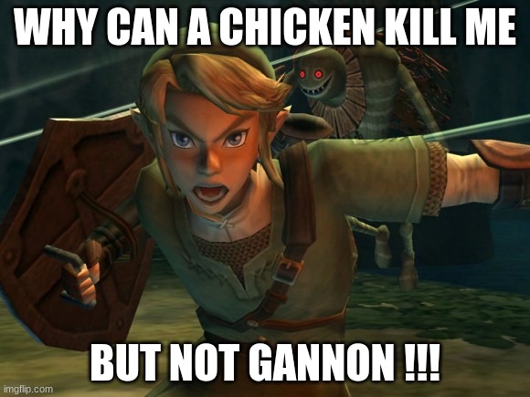 Link Legend of Zelda Yelling | WHY CAN A CHICKEN KILL ME; BUT NOT GANNON !!! | image tagged in link legend of zelda yelling | made w/ Imgflip meme maker