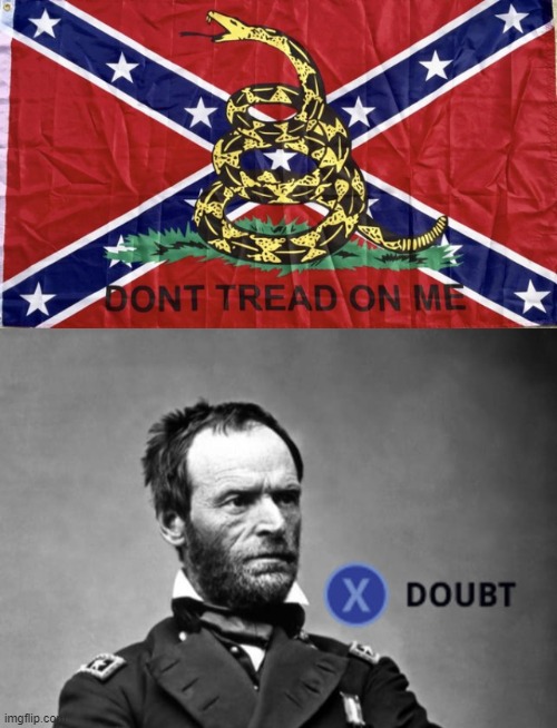 someone understands neither libertarianism nor american history, General Sherm will teach tho | image tagged in x doubt general sherman,confederate gadsden flag,libertarian,confederate flag,civil war,rebel flag | made w/ Imgflip meme maker