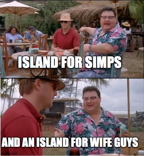 islands | ISLAND FOR SIMPS; AND AN ISLAND FOR WIFE GUYS | image tagged in memes,see nobody cares | made w/ Imgflip meme maker