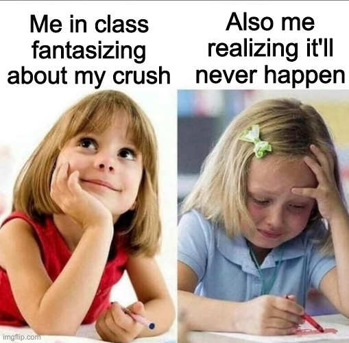 Thinking about / Actually doing it | Also me realizing it'll never happen; Me in class fantasizing about my crush | image tagged in thinking about / actually doing it | made w/ Imgflip meme maker
