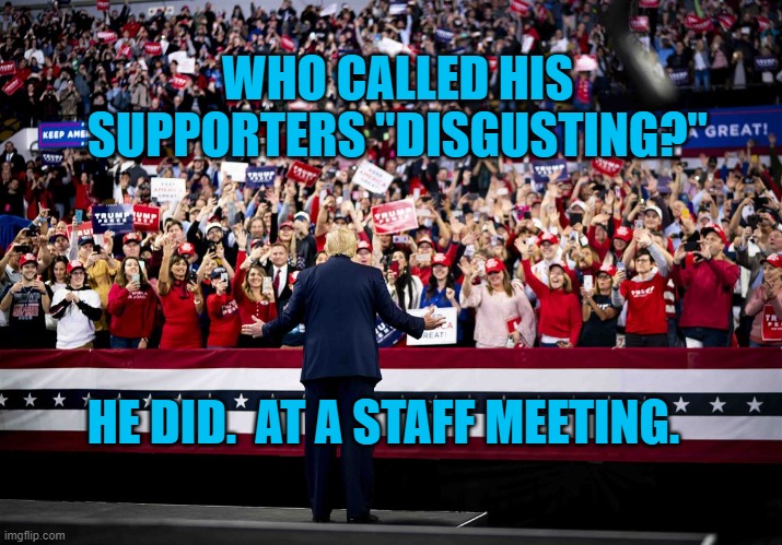 "Disgusting," "Stupid," "Sucker," or "Loser."  Which One Are You? | WHO CALLED HIS SUPPORTERS "DISGUSTING?"; HE DID.  AT A STAFF MEETING. | image tagged in politics | made w/ Imgflip meme maker