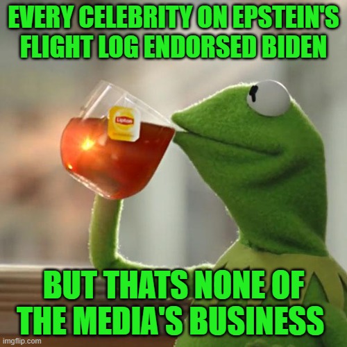But That's None Of My Business | EVERY CELEBRITY ON EPSTEIN'S  FLIGHT LOG ENDORSED BIDEN; BUT THATS NONE OF THE MEDIA'S BUSINESS | image tagged in memes,but that's none of my business,kermit the frog | made w/ Imgflip meme maker