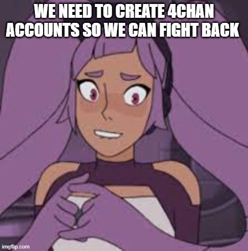 entrapta nervous | WE NEED TO CREATE 4CHAN ACCOUNTS SO WE CAN FIGHT BACK | image tagged in entrapta nervous | made w/ Imgflip meme maker