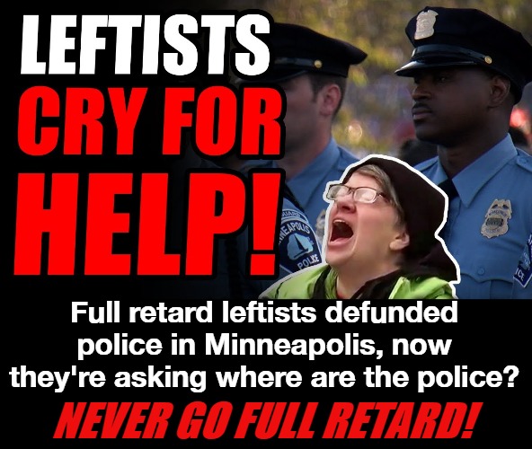 Leftists go FULL RETARD in Minnesota | Full retard leftists defunded police in Minneapolis, now they're asking where are the police? NEVER GO FULL RETARD! | image tagged in full retard,never go full retard,minnesota,retards,stupid liberals,stupid democrats | made w/ Imgflip meme maker