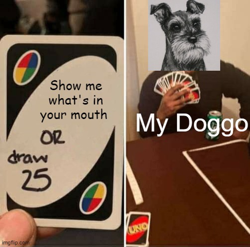 UNO Draw 25 Cards Meme | Show me what's in your mouth; My Doggo | image tagged in memes,uno draw 25 cards | made w/ Imgflip meme maker