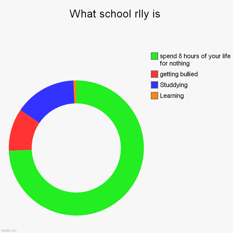 school donut | What school rlly is | Learning, Studdying, getting bullied, spend 8 hours of your life for nothing | image tagged in charts,donut charts,school | made w/ Imgflip chart maker