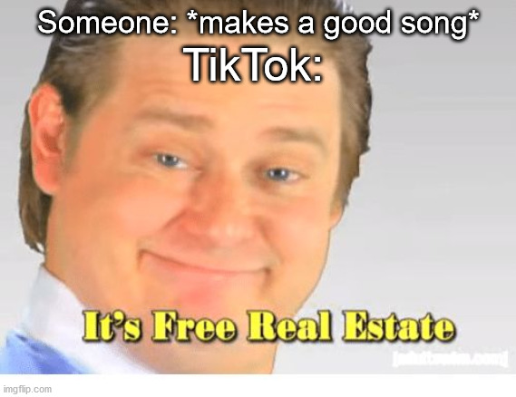 Good riddance, TikTok | Someone: *makes a good song*; TikTok: | image tagged in it's free real estate | made w/ Imgflip meme maker