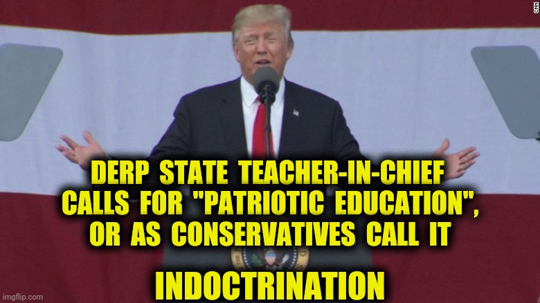 The false God of nationalism | DERP  STATE  TEACHER-IN-CHIEF 
CALLS  FOR  "PATRIOTIC  EDUCATION",
OR  AS  CONSERVATIVES  CALL  IT; INDOCTRINATION | image tagged in trump pence 2020,indoctrination,politics,education,memes | made w/ Imgflip meme maker