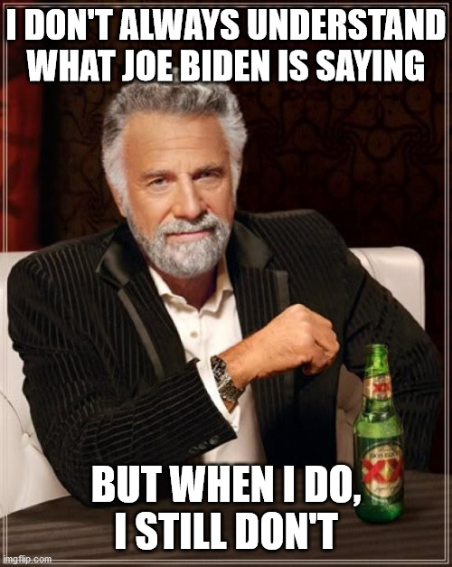 The Most Interesting Man In The World | I DON'T ALWAYS UNDERSTAND WHAT JOE BIDEN IS SAYING; BUT WHEN I DO,
I STILL DON'T | image tagged in memes,the most interesting man in the world,joe biden,what do you mean,i don't always,2020 elections | made w/ Imgflip meme maker