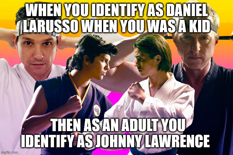 Cobra Kai | WHEN YOU IDENTIFY AS DANIEL LARUSSO WHEN YOU WAS A KID; THEN AS AN ADULT YOU IDENTIFY AS JOHNNY LAWRENCE | image tagged in karate kid | made w/ Imgflip meme maker