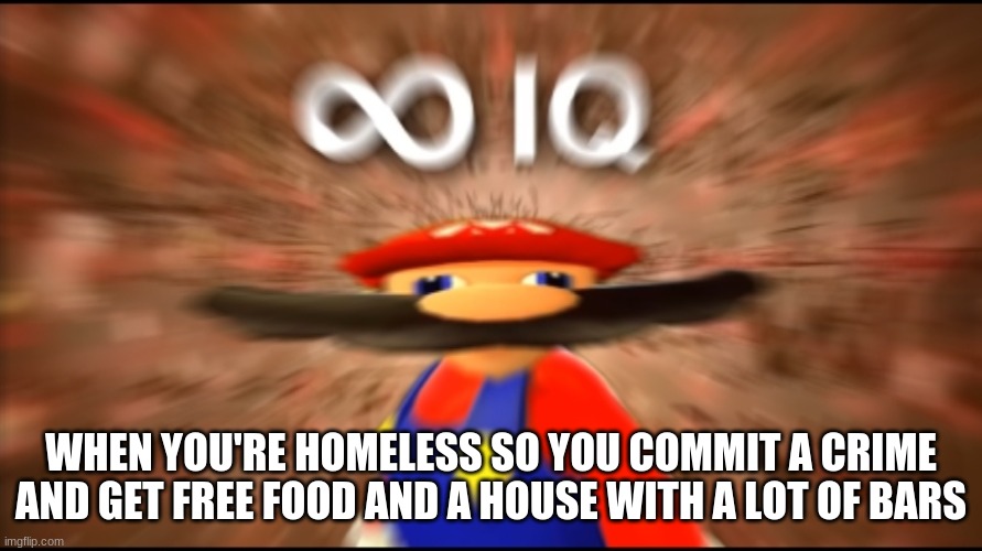 I'm back! | WHEN YOU'RE HOMELESS SO YOU COMMIT A CRIME AND GET FREE FOOD AND A HOUSE WITH A LOT OF BARS | image tagged in infinity iq mario,i'm back | made w/ Imgflip meme maker
