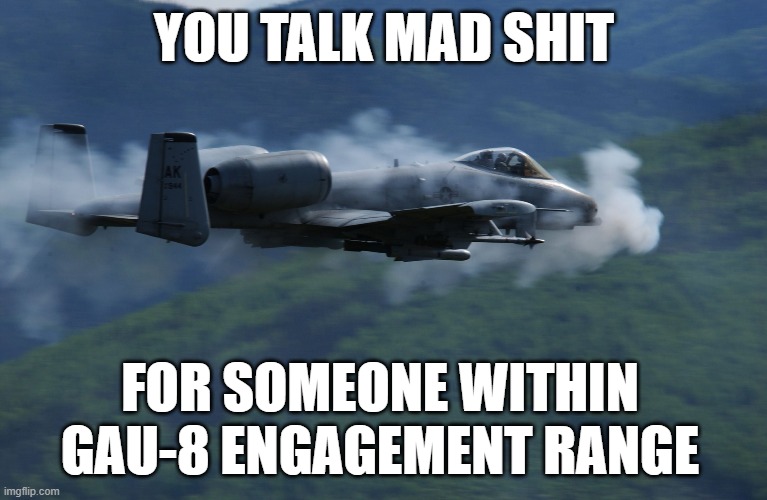 'MURICA RESPONDS | YOU TALK MAD SHIT; FOR SOMEONE WITHIN GAU-8 ENGAGEMENT RANGE | image tagged in a10,mad shit,talking mad shit | made w/ Imgflip meme maker