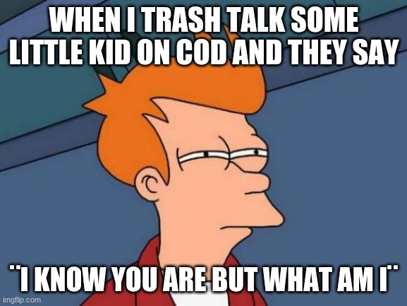 Futurama Fry | WHEN I TRASH TALK SOME LITTLE KID ON COD AND THEY SAY; ¨I KNOW YOU ARE BUT WHAT AM I¨ | image tagged in memes,futurama fry | made w/ Imgflip meme maker
