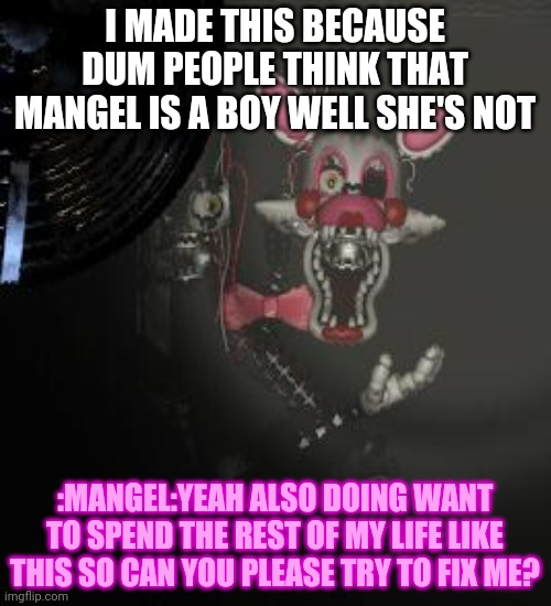 Mangle | I MADE THIS BECAUSE DUM PEOPLE THINK THAT MANGEL IS A BOY WELL SHE'S NOT; :MANGEL:YEAH ALSO DOING WANT TO SPEND THE REST OF MY LIFE LIKE THIS SO CAN YOU PLEASE TRY TO FIX ME? | image tagged in mangle | made w/ Imgflip meme maker