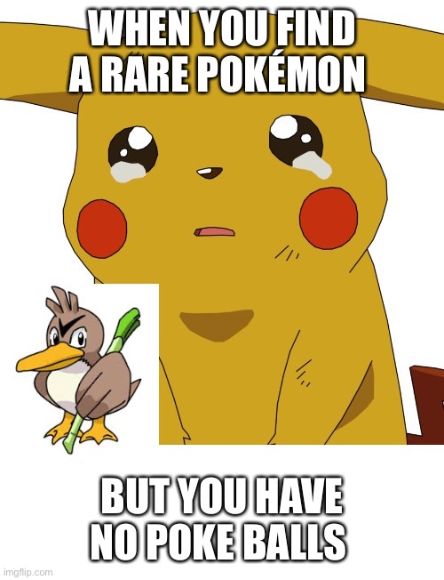 Crying Pikachu | WHEN YOU FIND A RARE POKÉMON; BUT YOU HAVE NO POKE BALLS | image tagged in crying pikachu | made w/ Imgflip meme maker