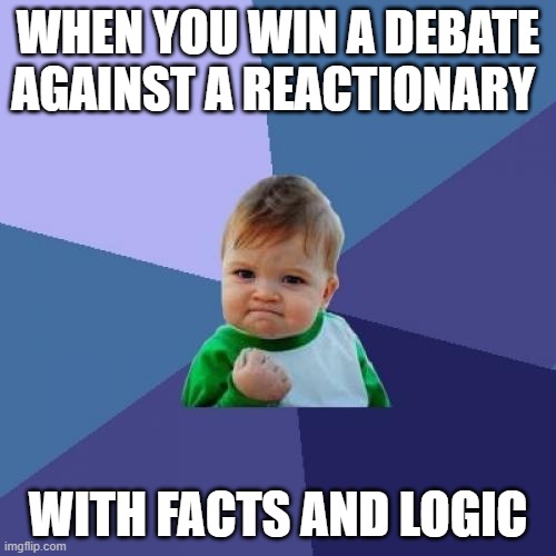 Success Kid | WHEN YOU WIN A DEBATE AGAINST A REACTIONARY; WITH FACTS AND LOGIC | image tagged in memes,success kid | made w/ Imgflip meme maker